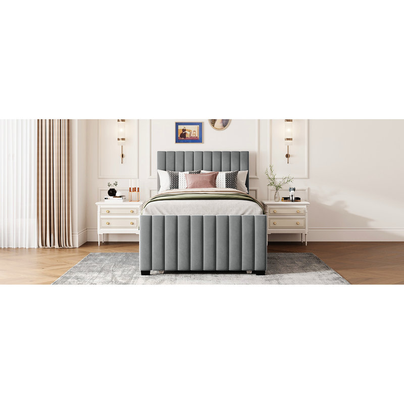 Lit simple tapissier en velours avec lit gigogne gris - Apparence attrayante en gris, sans sommier, construction solide, accessoire de maison élégant