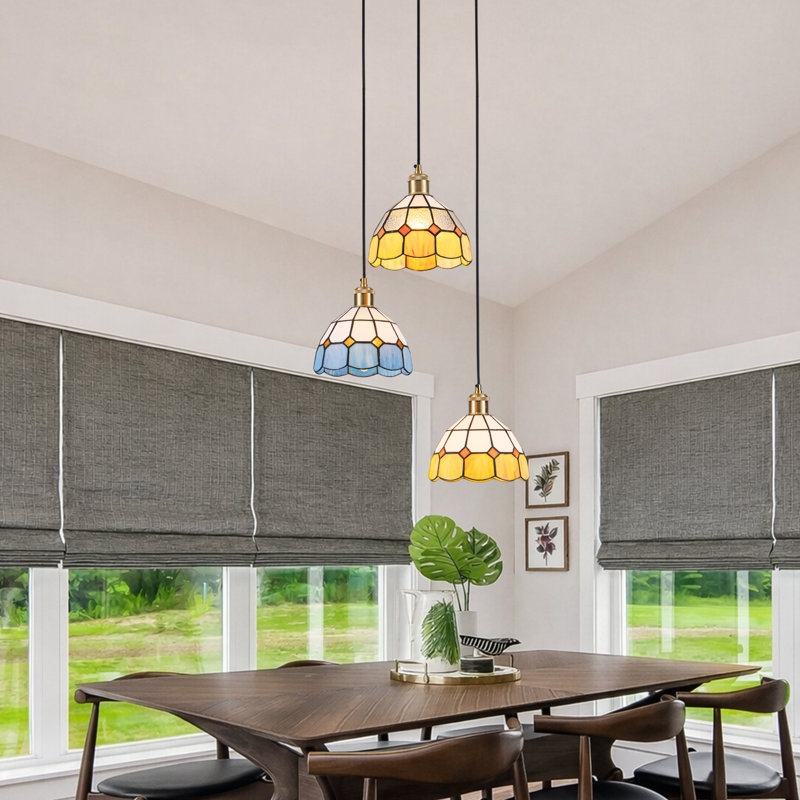 Suspension vintage en verre à 3 lumières, Mediterranean Tiffany Style, Bleu / Rouge / Jaune