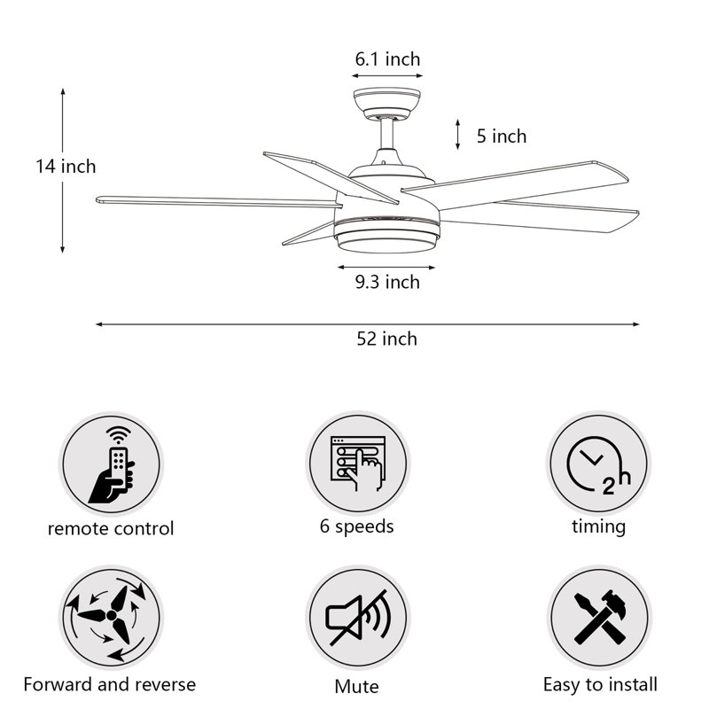 Ceiling Fan with Light and Remote Control, 52" Wide, White