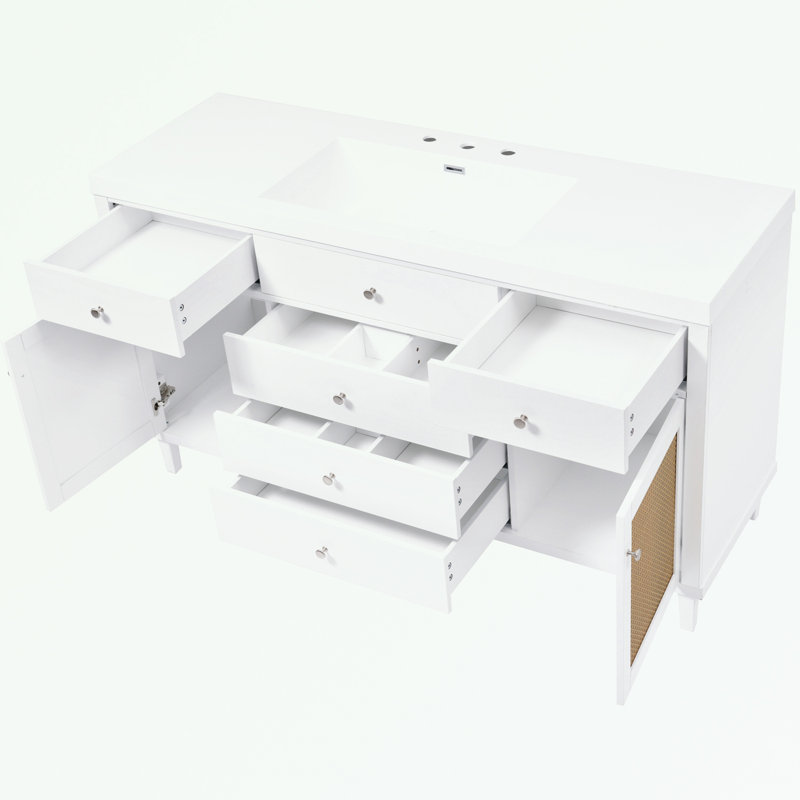 Bathroom Vanity with Sink, Soft Close Drawers, Rattan Doors and Metal Knobs, White
