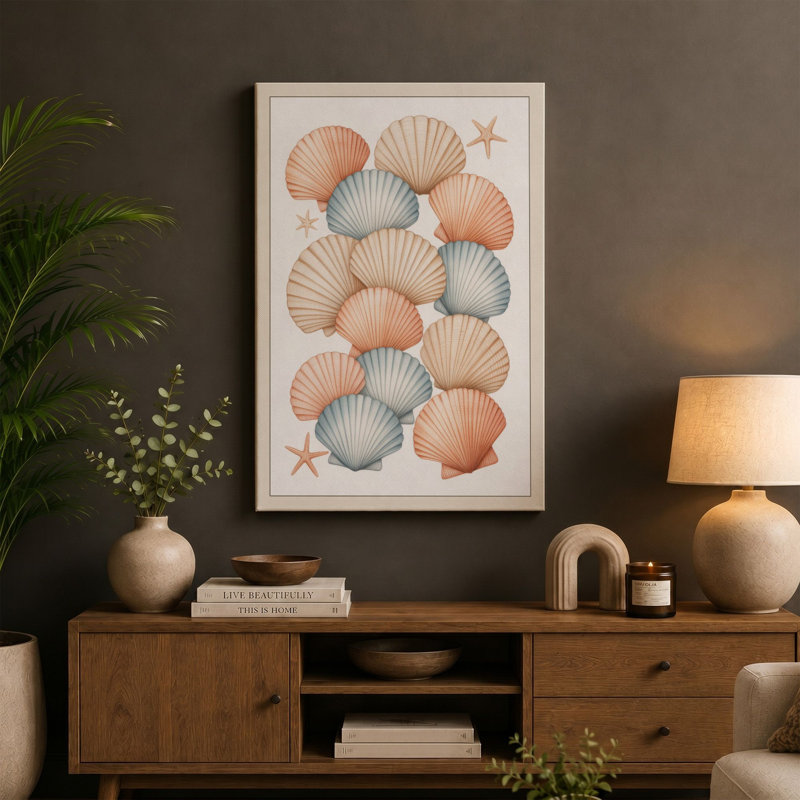 Seashells and Starfish Coastal - Wrapped Canvas, 36x24 - 91.4 x 61.0 cm, Teal Border