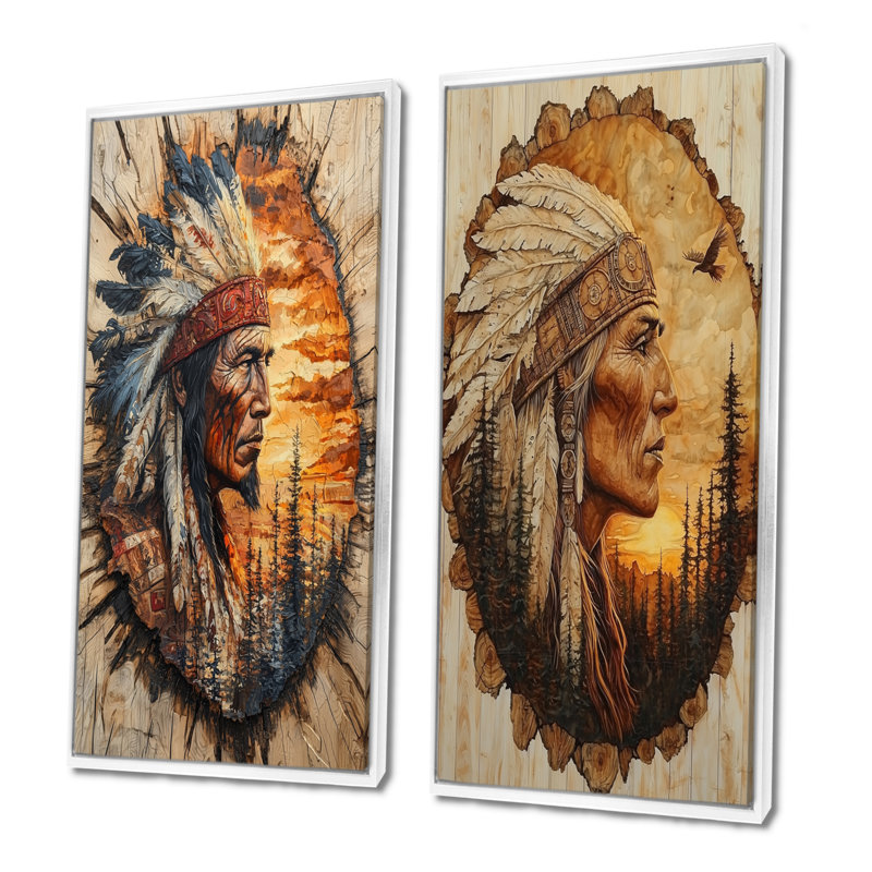 Native American Warrior Energy of Forest III - People, art mural 2 panneaux, H 32 po x l 33 po, Blanc