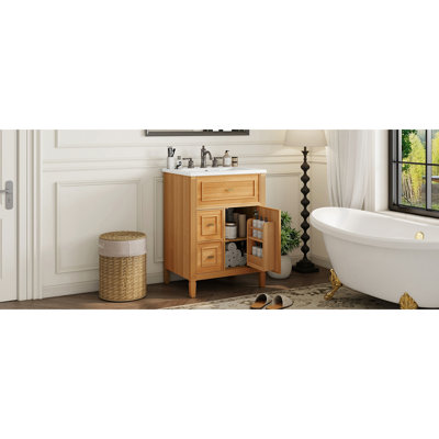 Meuble-lavabo de 24 pouces avec lavabo simple, conception moderne autoportante en bois massif, un tiroir rabattable, deux tiroirs, une tablette réglable, pour une plomberie facile, un lavabo en céramique lisse, des poignées en métal doré,