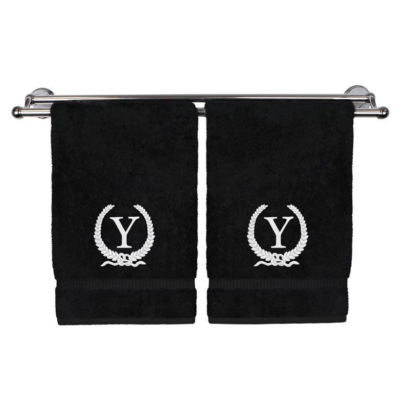 Essuie-mains monogramme - ensemble de 2 - lettre de conception de couronne, Noir / blanc, Y