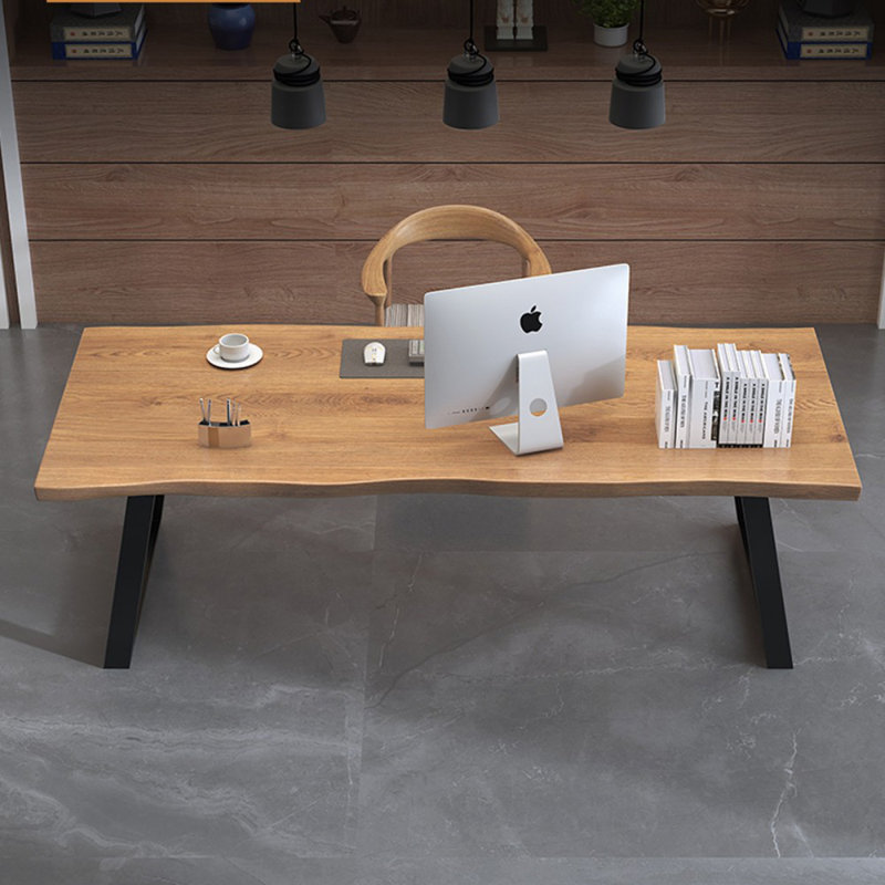 Burlywood+Black Rectangular Solid Wood+Iron desks, 29.53" H x 78.74" W x 31.5" D