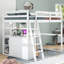  Lit mezzanine double avec bureau intégré, tablettes ouvertes et deux compartiments de rangement, blanc-1631699339