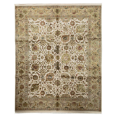 Tapis oriental beige / blanc / noir / rouge en laine et soie noué à la main 8 pi x 9 pi 10 po Oriental