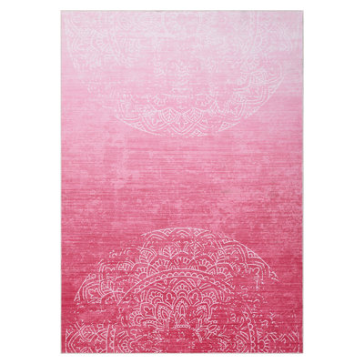 Large Area Rug 9x12 Washable Rug Pink Ombre Rug Distressed Abstract Rug with Non Slip Backing, Modern Medallion Rug, Stain Resistant Low Pile Thin Rug for Living Room Bedroom