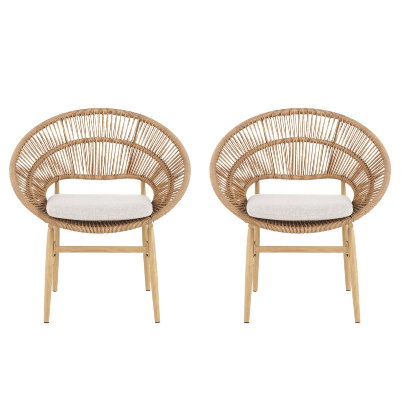 Cyril Outdoor Wicker Papasan Style Dining Chair, Teak Finished Leg And Light Brown Faux Rattan, Beige Cushion, Set Of 2