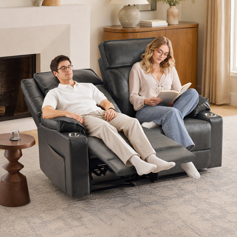 Ensemble de causeuse modulaire inclinable manuelle avec porte-gobelets en acier inoxydable, fauteuil coulissant en cuir végétalien Gravity, noir