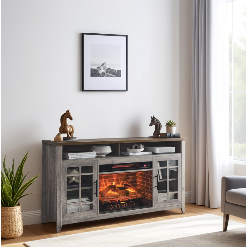 55 Inch Tv Media Stand With Electric Fireplace Kd Inserts Heater,gray Wash Color, Gray