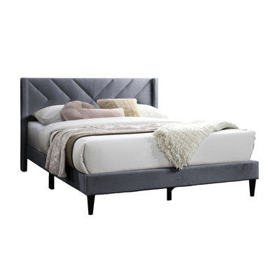 Contemporary Gray Velvet Upholstered Queen Bed, Modern Headboard, Wooden Slats Stylish Grey Bed With Platform Base, Distinctive Wood Support