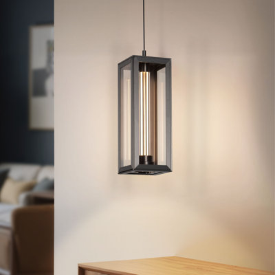 Prismon 4.7" Modern Rectangular Pendant Light with LED Dual-Light, Dimmable & Adjustable Height, Clear Glass Shade & Metal Frame in Gunmetal Finish for Kitchen Island, Dining Room, or Bar
