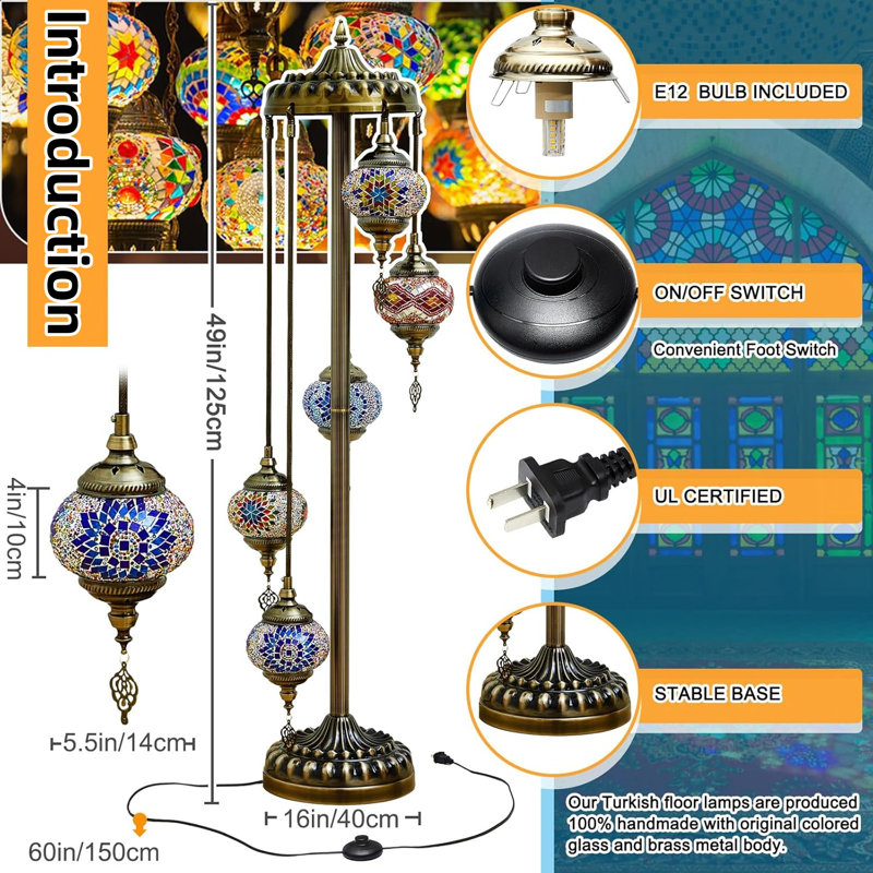 Handmade Turkish Moroccan Floor Lamp With 5 Globes, Bohemian Style Decorative Lighting For Home, Living Room, And Housewarming Gifts