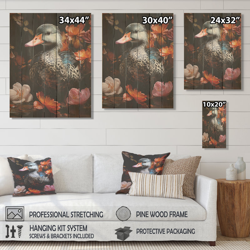 «Duck's Floral Shadow Diver» - animal canard sur bois, H 20 po x l 10 po