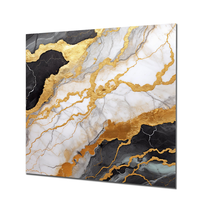 Or et gris abstrait marbre mirage I - décoration murale en marbre, H 16 po x l 16 po