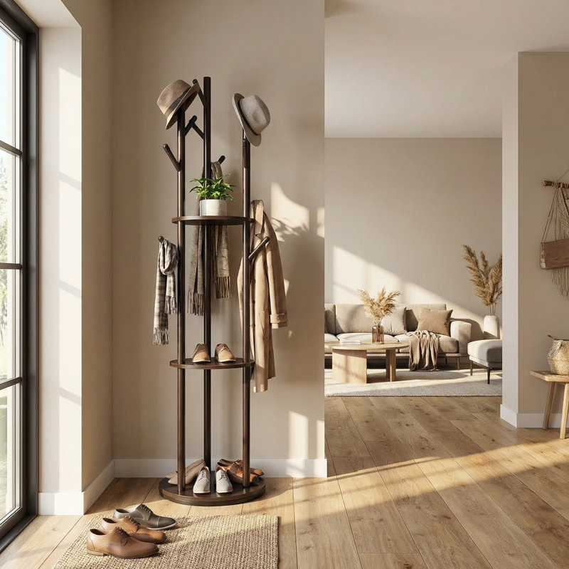 Wood Freestanding Coat Rack With 3 Shelves And 9 Hooks, Rotary Wood Coat Rack Organization Tree
