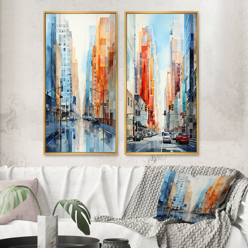 «Skyscrapers Urban Heights», 2 pièces, H 40 po x l 40 po, Encadrement doré