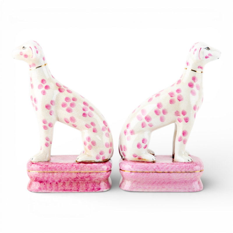 Porcelain Whippet Figurines – Teal Dots (Set of 2), Pink/White/Brown