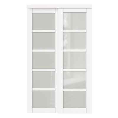80"  White 5 Lite Tempered Glass Closet Sliding Door With Hardware Kit & Sliver Handles