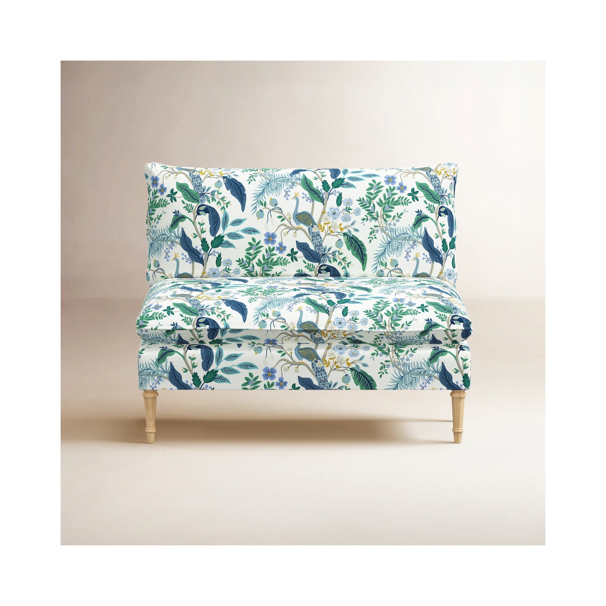 Rifle Paper Co. x Cloth & Company Louie Settee, Blue Peacock Linen Blend, Natural Wood