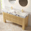 Meuble-lavabo de 60 po en bois massif rayé avec lavabo encastré, armoire de rangement autoportante en contreplaqué avec six tiroirs, comptoir en pierre frittée blanche à texture mauve et deux lavabos rectangulaires en céramique blanche, pré-assembl