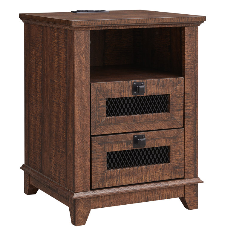 Table de bout en bois à 2 tiroirs avec petite table d'appoint et station de charge Rimmer, Brun