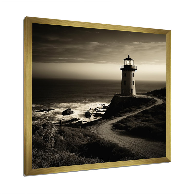 «Black and White Light House Panorama», reproduction sur toile, Cadre doré simple, H 24 po x l 24 po x P 1 po