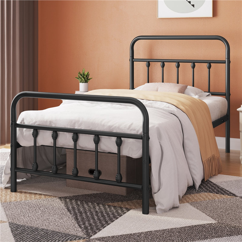Classic Metal Platform Bed Iron Open-Frame Bed with High Headboard and Footboard, Black, Twin XL