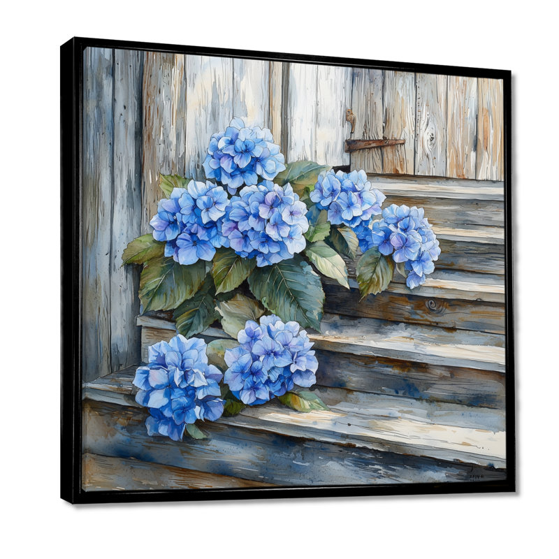 Hydrangeas on the Barn Steps I - Hydrangea Wall Art for Living Room, Impression encadrée flottante, Noir, noir, noir, noir