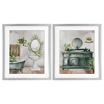 Bath Greens Botanical Interior 2pc Framed Print Under Glass Set, design by Kim Allen