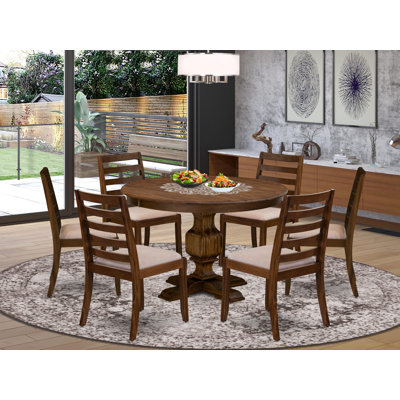 Modern Dining Table set included a Round Kitchen Table and Light Tan Polyester Fabric stackable Dining Chair, Antique Walnut Finish by Red Barrel Studio