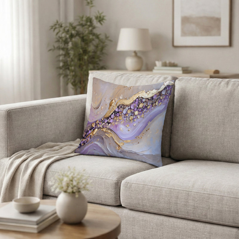Coussin décoratif Paysages - Pierres géodes dorées et violettes Rivière II, H 20 po x l 20 po