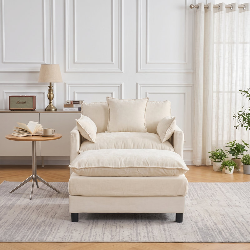 39.3" W Upholstered Accent Armchair With Ottoman, Beige