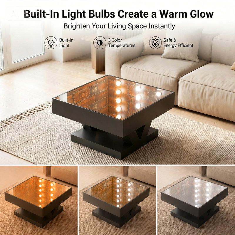 Table basse moderne à effet miroir infini DEL, carrée, 83 cm, plateau miroir réfléchissant, piètement géométrique, noire