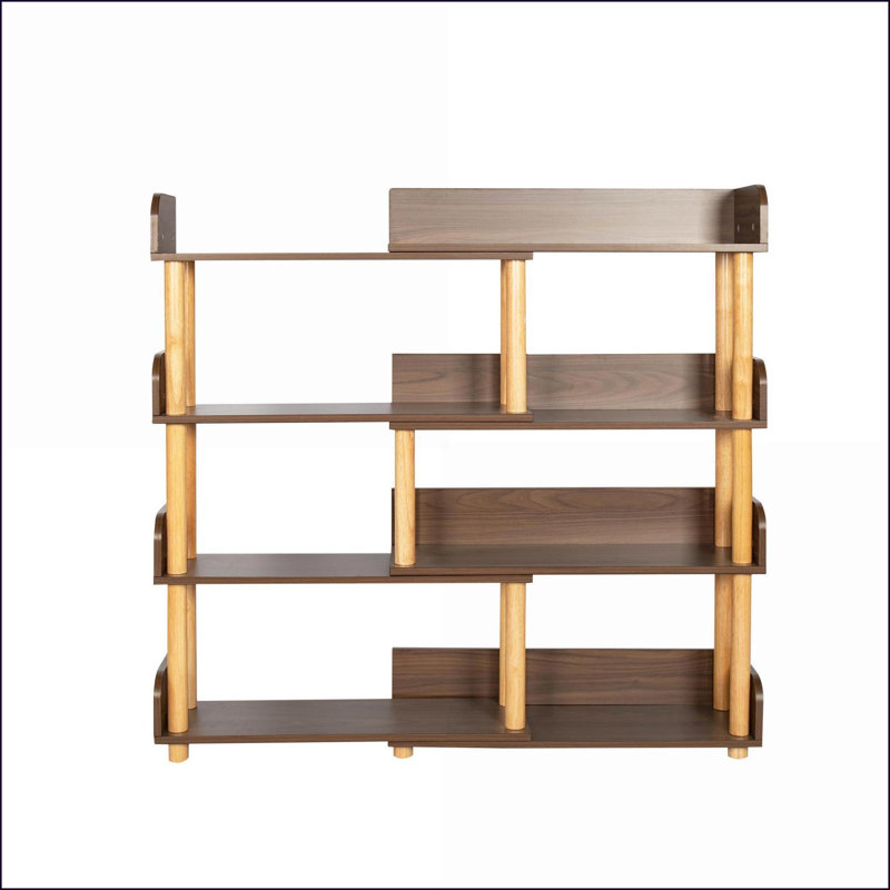 Bookshelf, Rustic Walnut Brown Retractable &amp; Rotatable Corner Bookcase | Solid Wood+MDF | 4-Tier Space Saving Storage