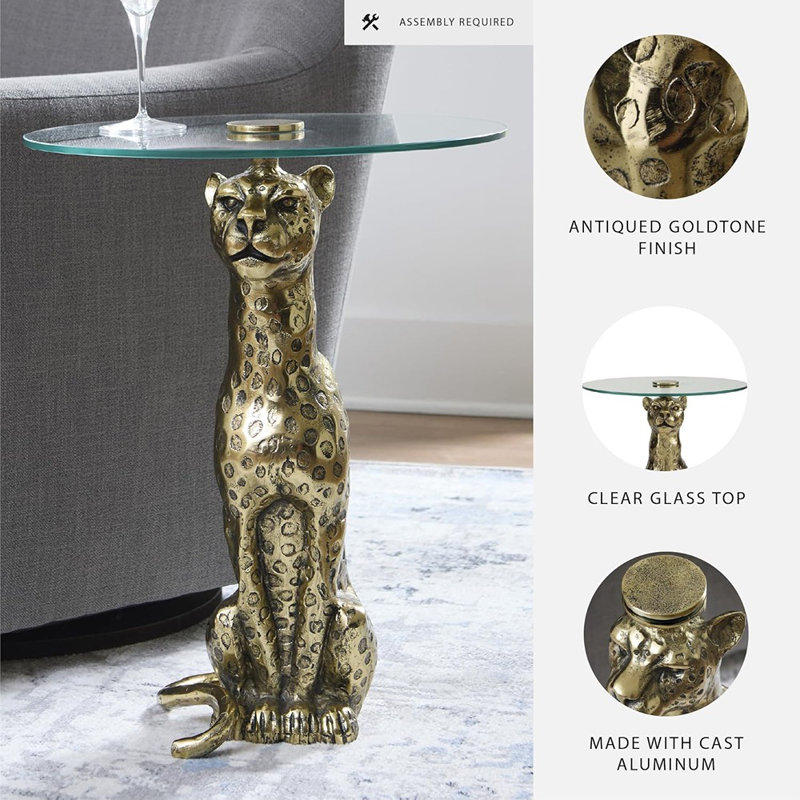 Table d'appoint industrielle en verre avec base sculpturale léopard - Fabrication en métal et en verre