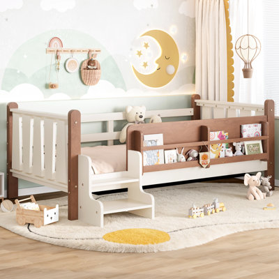 Lit simple en bois de pin avec rangement, escalier et garde-corps, beige, conception solide Space Solution