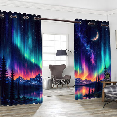 2Pcs Aurora Borealis Grommet Blackout Curtains, Stunning Night Sky Printed Polyester Drapes, Thermal Insulated Heat Blocking, Noise Reducing & Privacy Protection, Room Darkening for Bedroom Living Indoor Home Decor