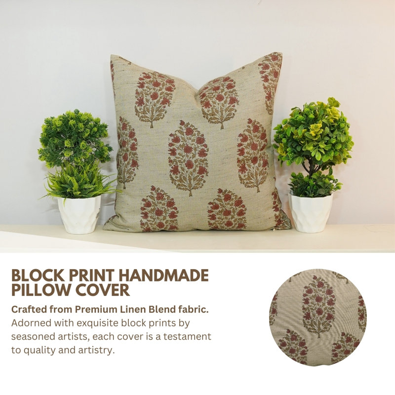 Housse de coussin Boho Block Print, housse de coussin en lin fait à la main 14 po x 14 po, taie décorative de couleur rouge Home Decor Virat