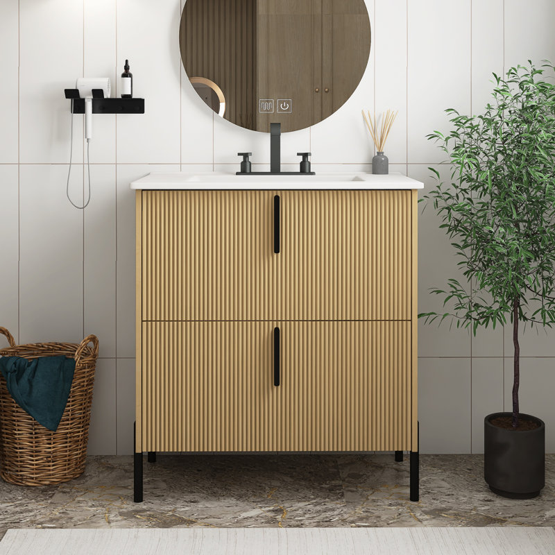 Meuble-lavabo de salle de bain avec lavabo en céramique et tiroirs pleine extension, glissières de tiroir encastrées à fermeture en douceur, conception cannelée