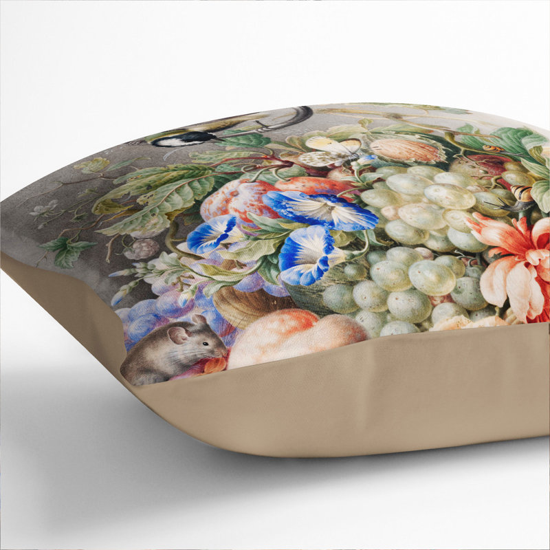 Bird with Flowers Scatter Cushion, 40cm H x 40cm W x 15cm D, Stone