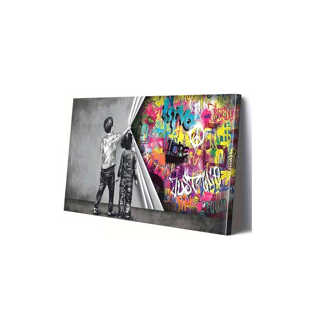 Graffiti Wall Art Behind The Curtain Canvas Prints -Banksy Graffiti Painting Wall Decor Artwork Little Boy And Little Girl Pictures For Living Room Be
