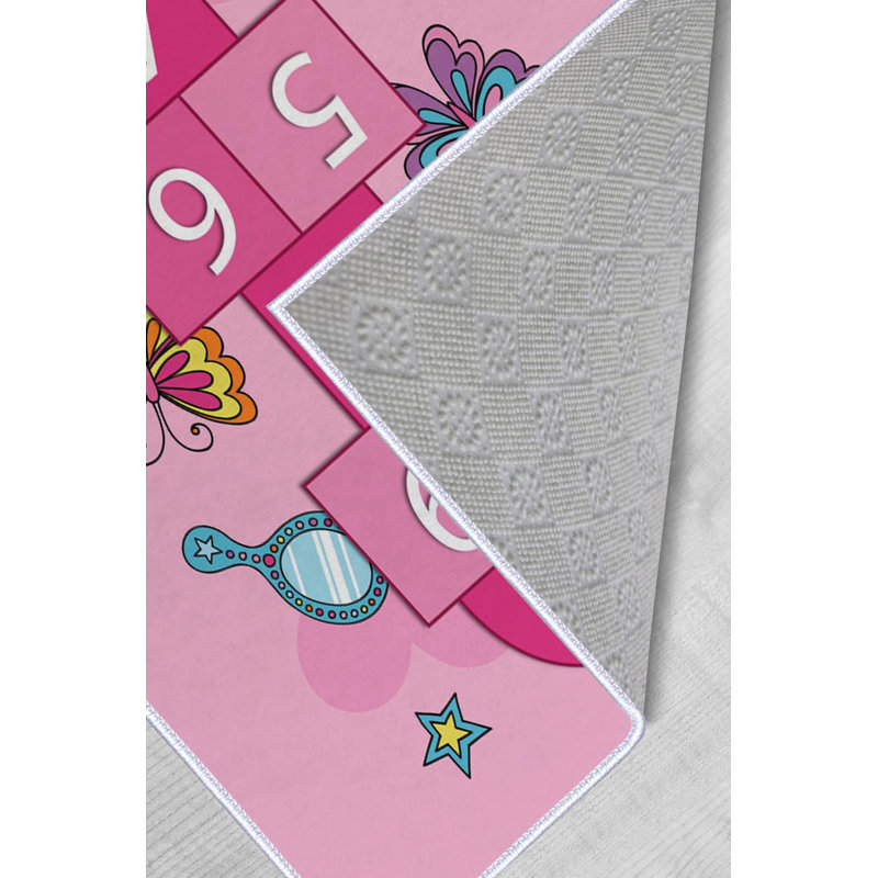 Tapis rose / bleu en polyester tissé à la machine Abdul, Rectangle 3 pi 3 po x 6 pi 7 po