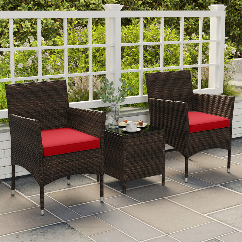 3 PCS Outdoor Conversation Set w/ Cushioned Seat & Tempered Glass Tabletop, Red