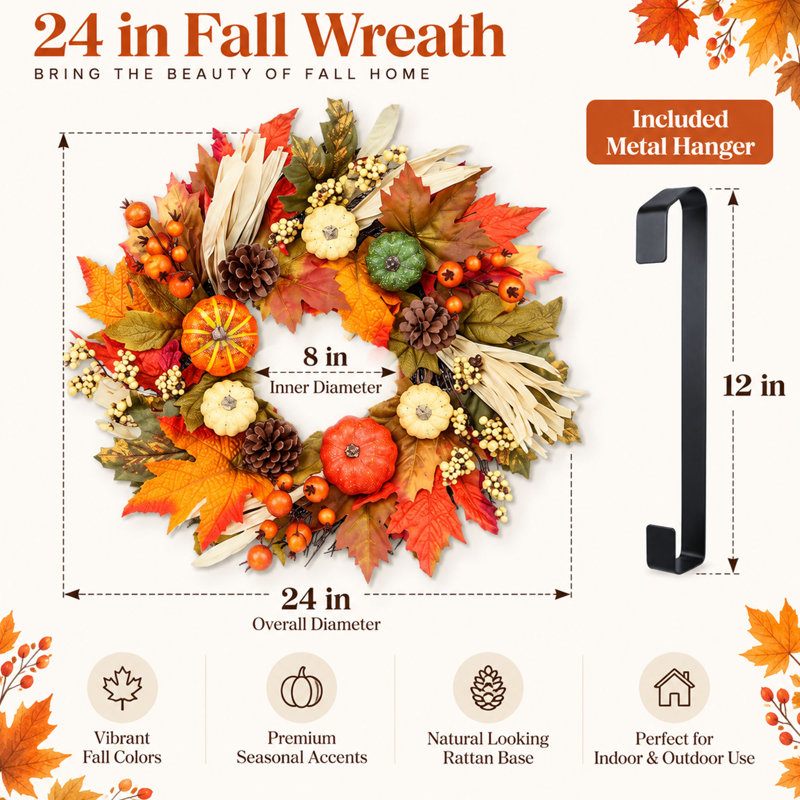Couronne d'automne en érable avec citrouilles et érable de 61 cm (24 po) et porte d'entrée