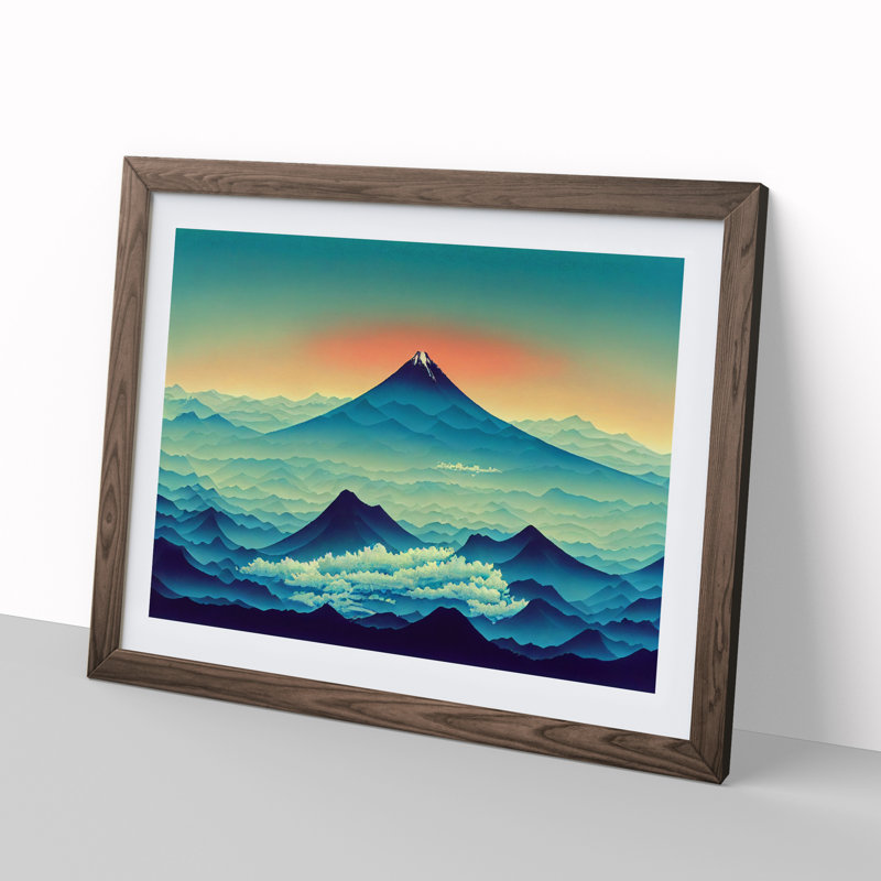 Japanese Mountain Sunrise - Single Picture Frame Print, 46cm H x 64cm W x 2cm D, Walnut