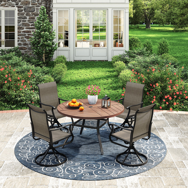 Outdoor Patio Dining Set - 41.7” Round Table with Umbrella Hole & Storage Shelf + 4 Swivel Chairs, Brush Wood Brown/Brown