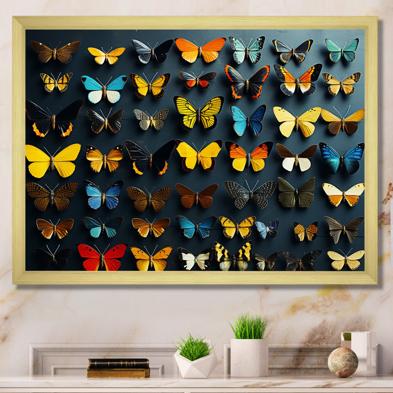 Collage de papillons colorés flottants - impression sur toile de papillons pour salon, Cadre doré à coins fermés