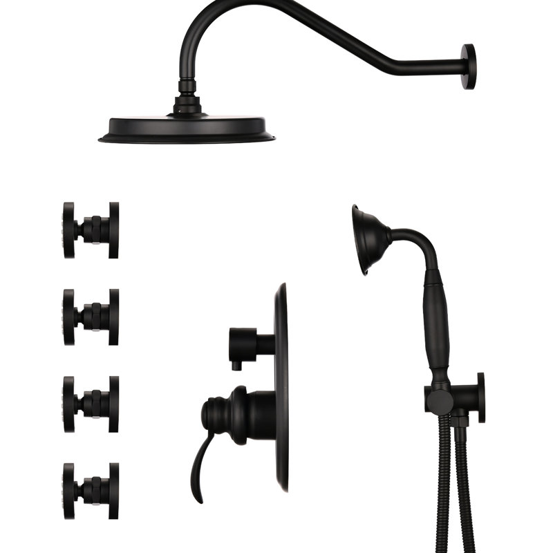 Matte Black Bathroom Shower - 360° Rotating Head, Valve Included Powerful 4 Spray Patterns, Diverter, Black